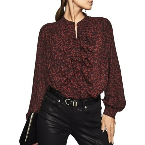 REISS Pippa zigzag ruffle printed long sleeve blouse - Picture 1 of 16